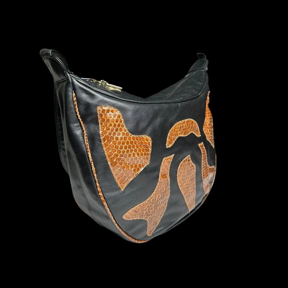 Vintage Rappi Handmade Black Leather Brown Snakeskin Patchwork Hobo Shoulder Bag